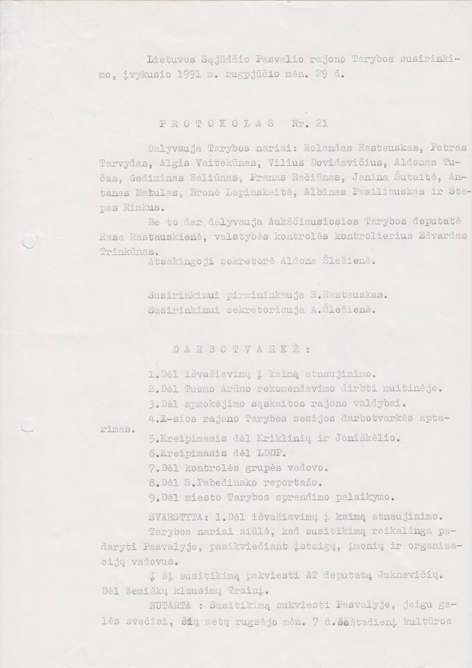 Lietuvos Sajūdžio Pasvalio rajono Tarybos susirinkimo, įvykusio 1991 m. rugpjūčio 29 d., PROTOKOLAS Nr. 21